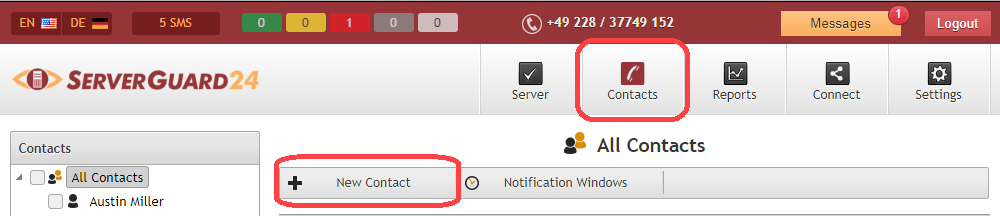 ServerGuard24 New contact button